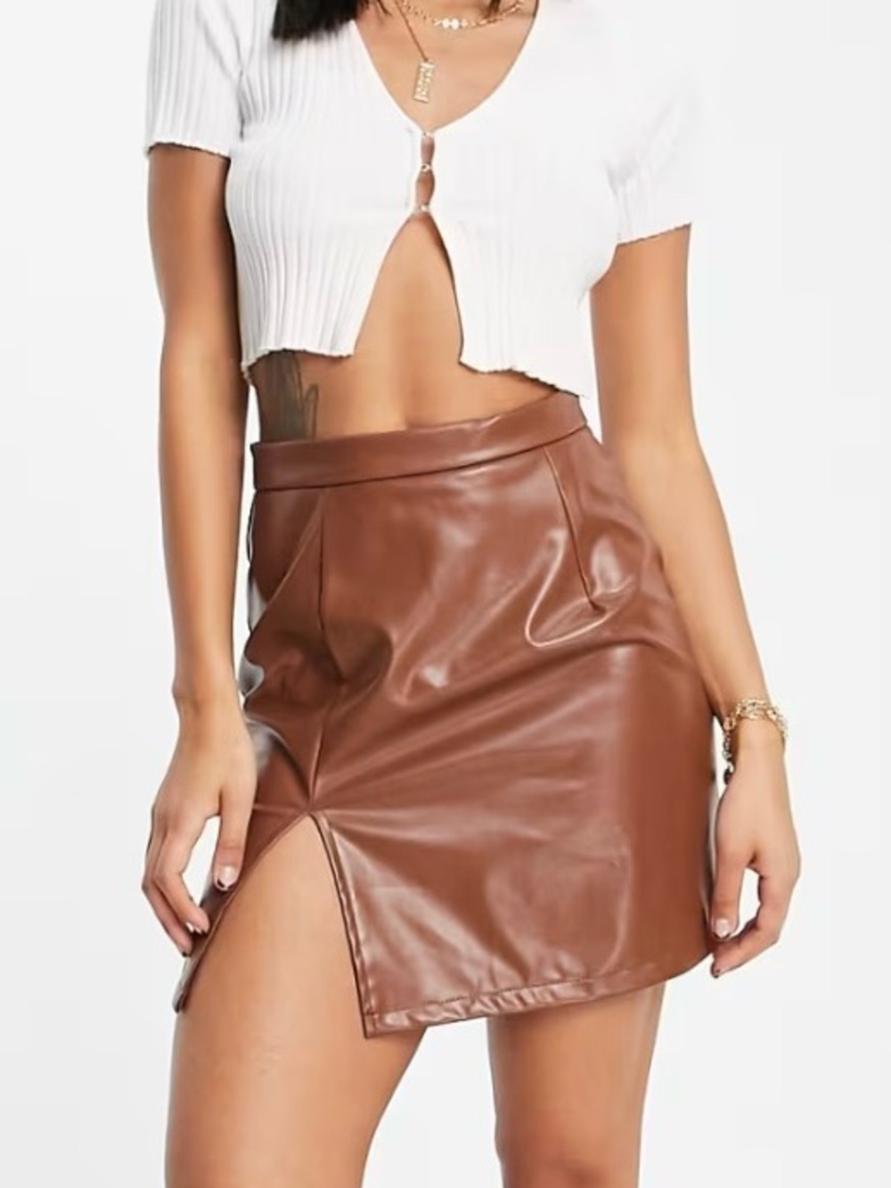ASOS NaaNaa Brown Faux Leather Split Mini Skirt,‎ Size 4